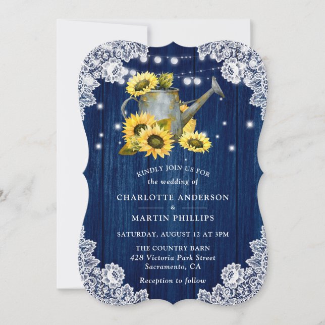 Invitación Boda de la Marina Azul Girasol Rustic Wood Lace (Anverso)