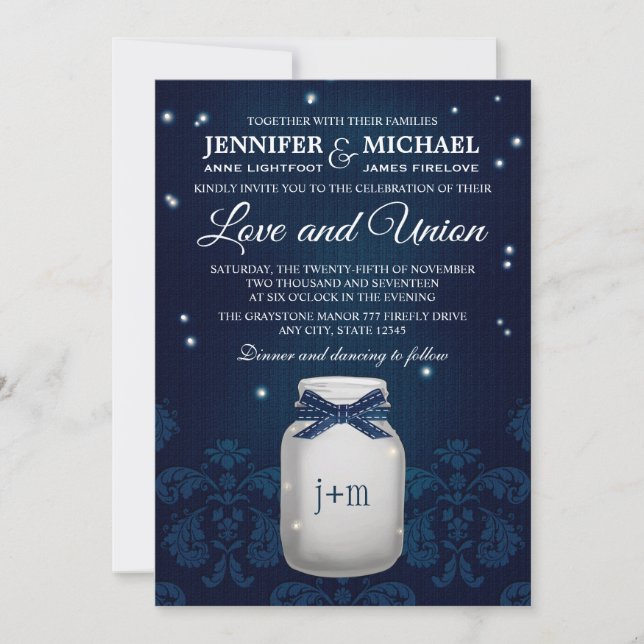 Invitación Boda de la Marina Azul Mason Jar con luciérnagas (Anverso)