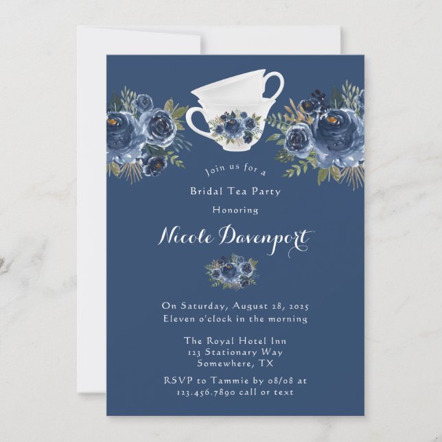 Invitación Boda de la Marina Azul Peony Fiesta de té de novia (Anverso)