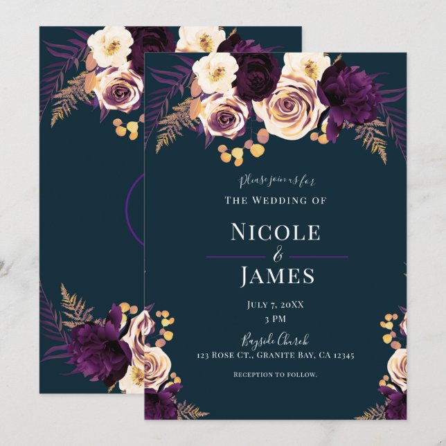 Invitación Boda de la Marina Azul Púrpura Oscuro Floral Verde (Anverso / Reverso)