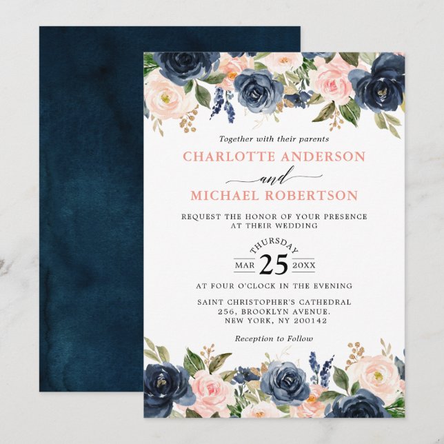 Invitación Boda de la Marina Azul Rubor Rosa Rosa Boho (Anverso / Reverso)