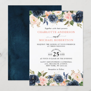Invitación Boda de la Marina Azul Rubor Rosa Rosa Boho