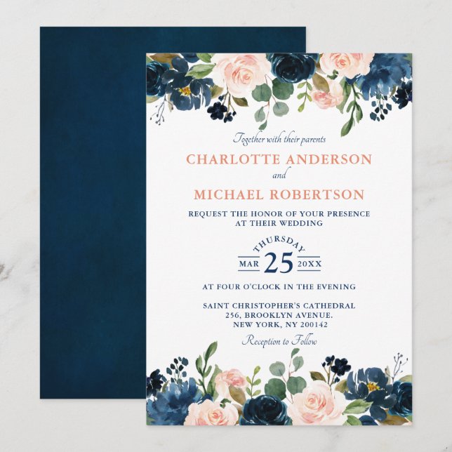 Invitación Boda de la Marina Azul Rubor Rosa Rosa Boho (Anverso / Reverso)