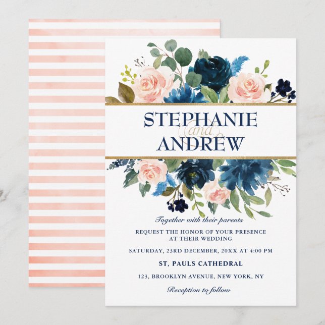 Invitación Boda de la Marina Azul Rubor Rosa Rosa Boho (Anverso / Reverso)