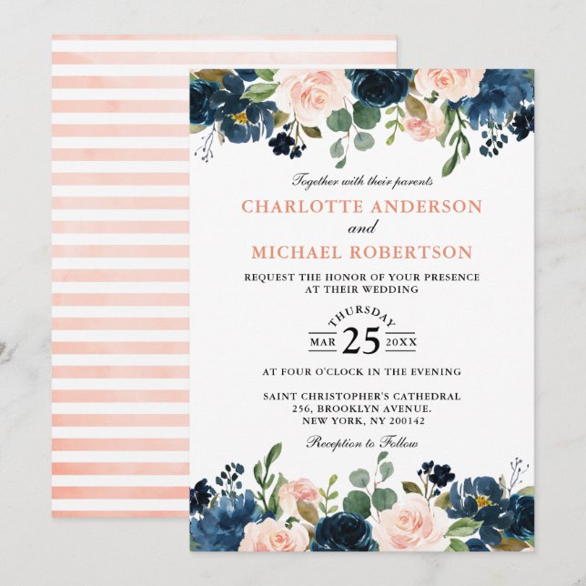 Invitación Boda de la Marina Azul Rubor Rosa Rosa Boho (Anverso / Reverso)