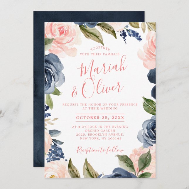 Invitación Boda de la Marina Azul Rubor Rosa Rosa Boho (Anverso / Reverso)