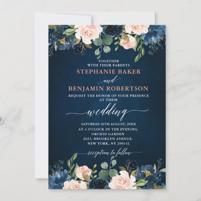 Invitación Boda de la Marina Azul Rubor Rosa Rosa Boho (Anverso)