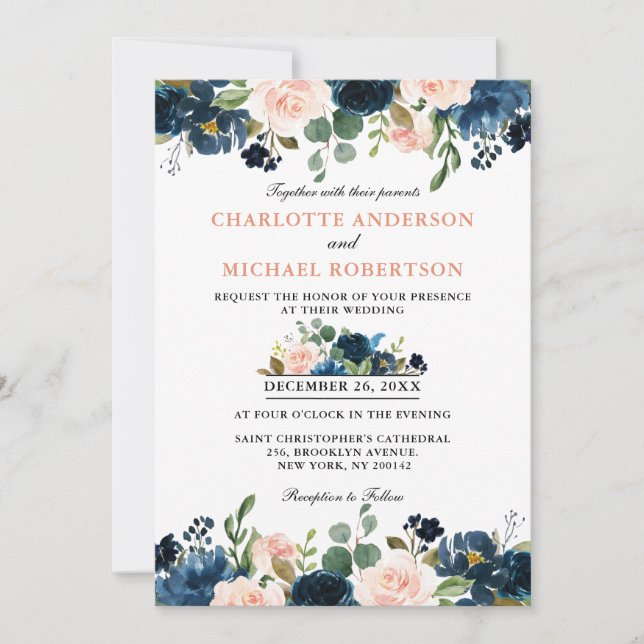 Invitación Boda de la Marina Azul Rubor Rosa Rosa Boho (Anverso)