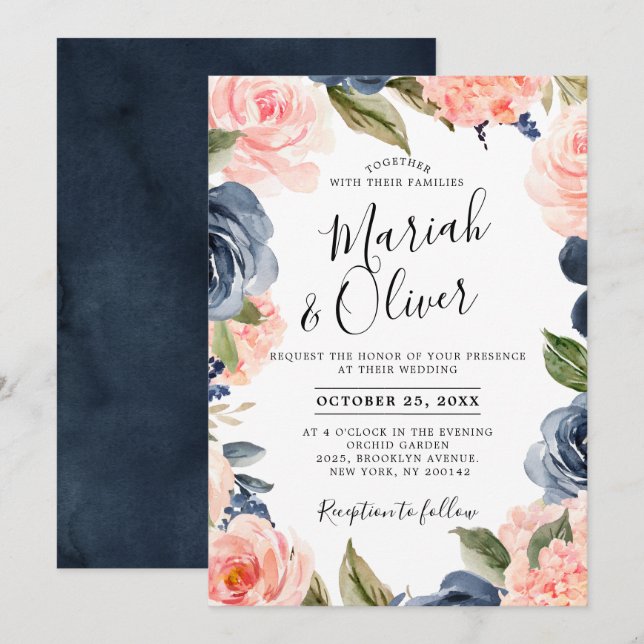 Invitación Boda de la Marina Azul Rubor Rosa Rosa Boho (Anverso / Reverso)
