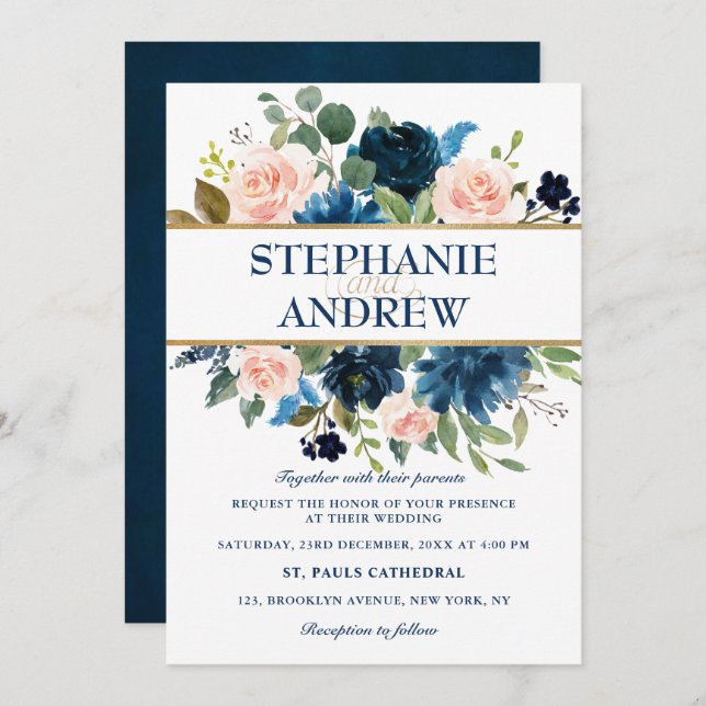 Invitación Boda de la Marina Azul Rubor Rosa Rosa Boho (Anverso / Reverso)