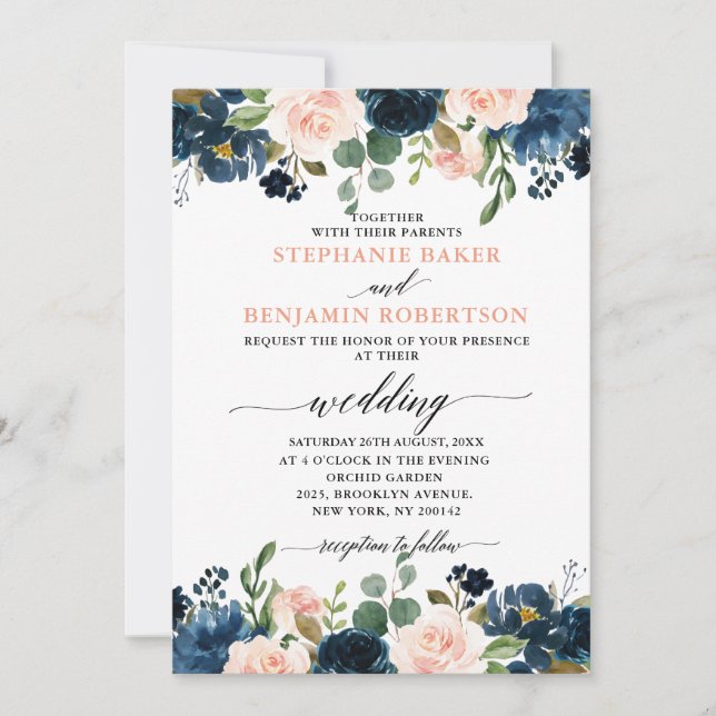 Invitación Boda de la Marina Azul Rubor Rosa Rosa Boho (Anverso)