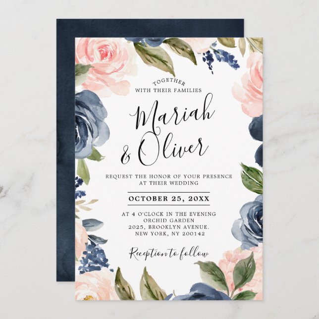 Invitación Boda de la Marina Azul Rubor Rosa Rosa Boho (Anverso / Reverso)