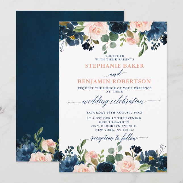 Invitación Boda de la Marina Azul Rubor Rosa Rosa Boho (Anverso / Reverso)