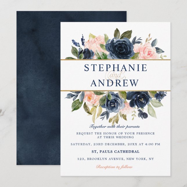 Invitación Boda de la Marina Azul Rubor Rosa Rosa Boho (Anverso / Reverso)