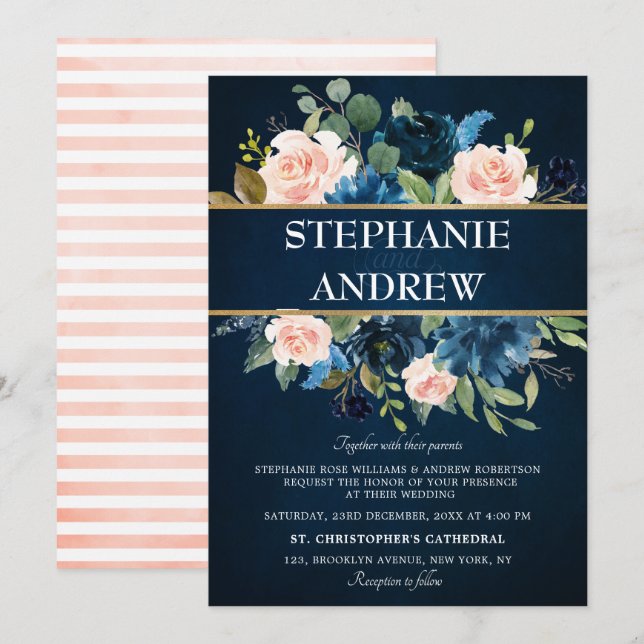 Invitación Boda de la Marina Azul Rubor Rosa Rosa Boho (Anverso / Reverso)