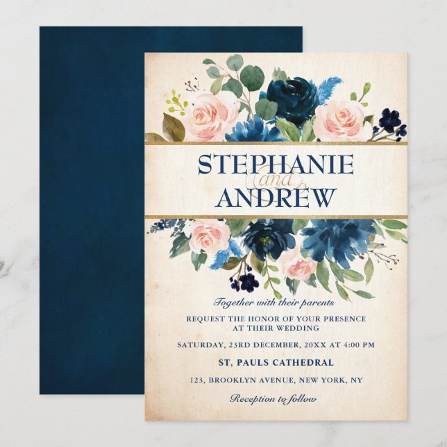 Invitación Boda de la Marina Azul Rubor Rosa Rosa Boho (Anverso / Reverso)