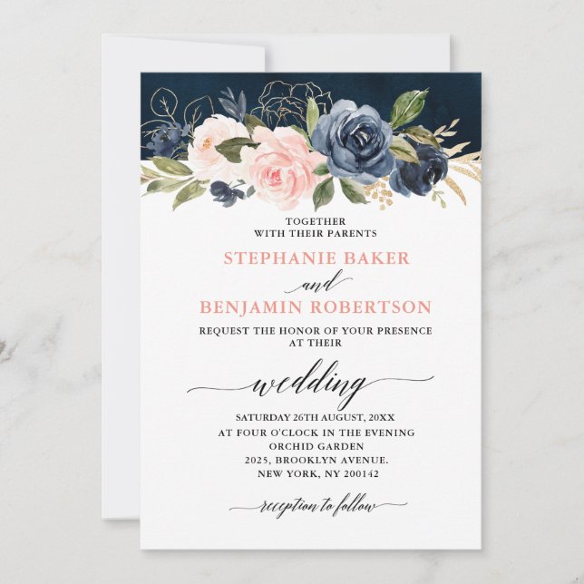 Invitación Boda de la Marina Azul Rubor Rosa Rosa Boho (Anverso)