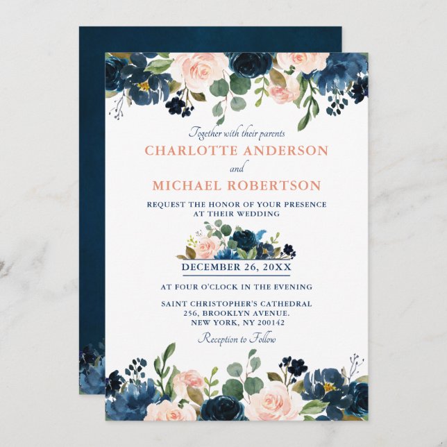 Invitación Boda de la Marina Azul Rubor Rosa Rosa Boho (Anverso / Reverso)