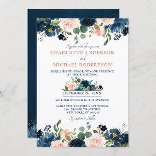 Invitación Boda de la Marina Azul Rubor Rosa Rosa Boho