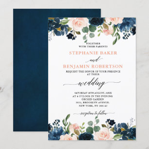 Invitación Boda de la Marina Azul Rubor Rosa Rosa Boho
