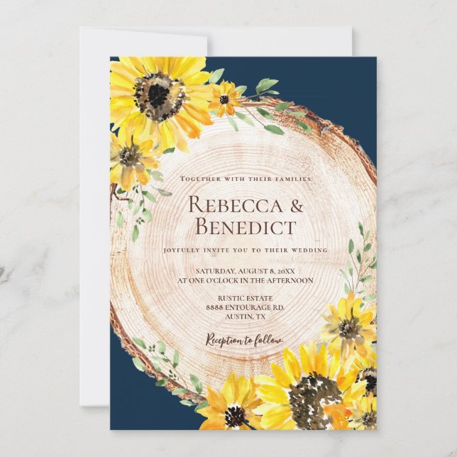 Invitación Boda de la Marina Azul Sunflower Rustic Wood (Anverso)