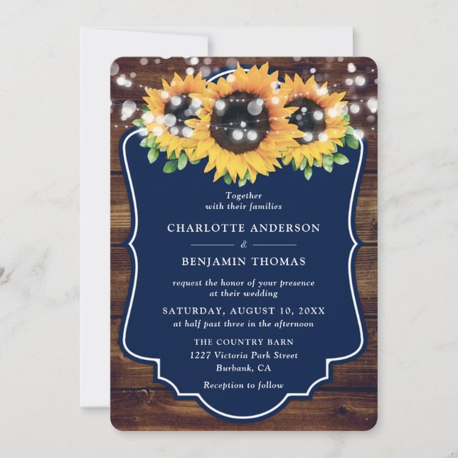 Invitación Boda de la Marina Azul Sunflower Rustic Wood (Anverso)