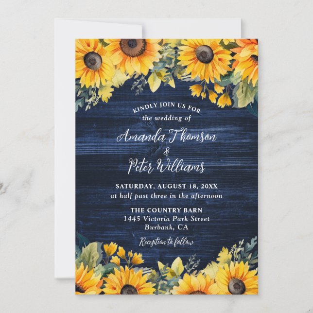 Invitación Boda de la Marina Azul Sunflower Rustic Wood (Anverso)