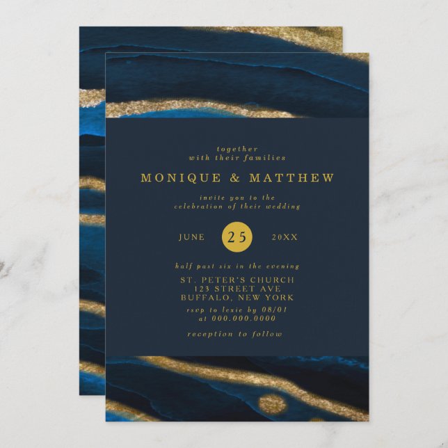 Invitación Boda de la Marina Azul y el Relieve metalizado dor (Anverso / Reverso)
