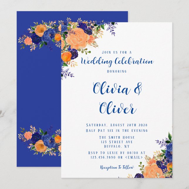 Invitación Boda de la Marina Azul y Naranja Botánica Floral (Anverso / Reverso)