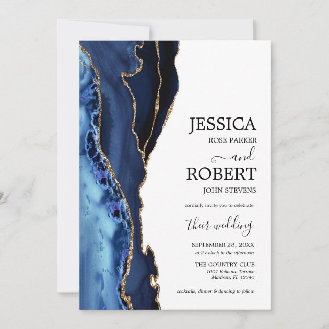 Invitación Boda de la Marina Blue Gold Agate (Anverso)