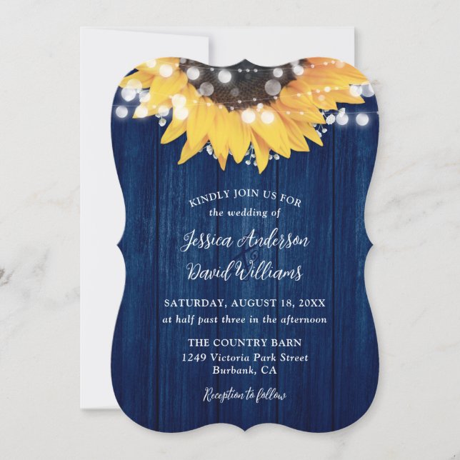 Invitación Boda de la Marina Blue Sunflower Rustic Barn Wood (Anverso)