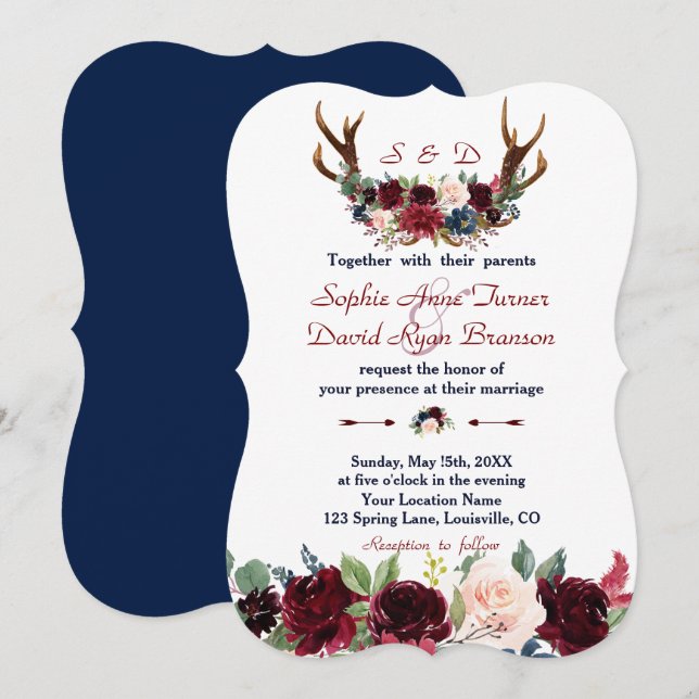 Invitación Boda de la Marina Boho Merlot Floral Azul (Anverso / Reverso)