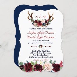 Invitación Boda de la Marina Boho Merlot Floral Azul