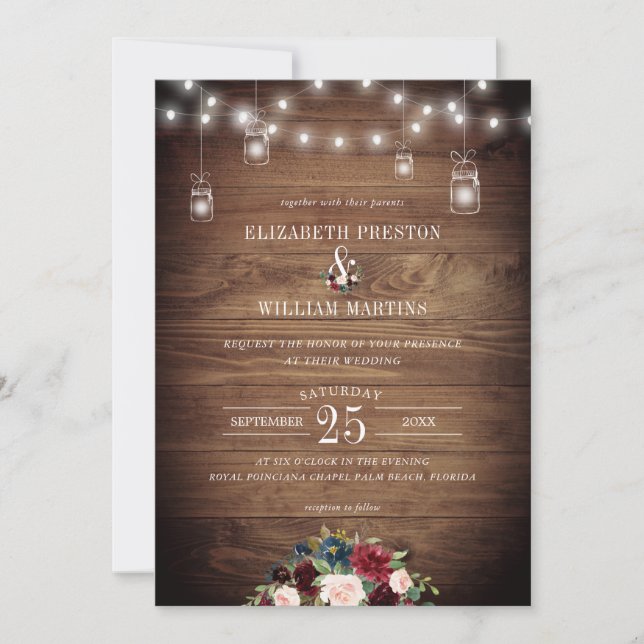 Invitación Boda de la Marina Borgoña Floral Rustic Barn Wood (Anverso)