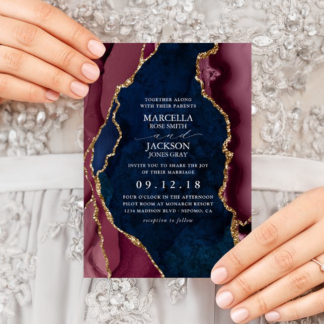 Invitación Boda de la Marina, Borgoña y Oro Agate (Subido por el creador)
