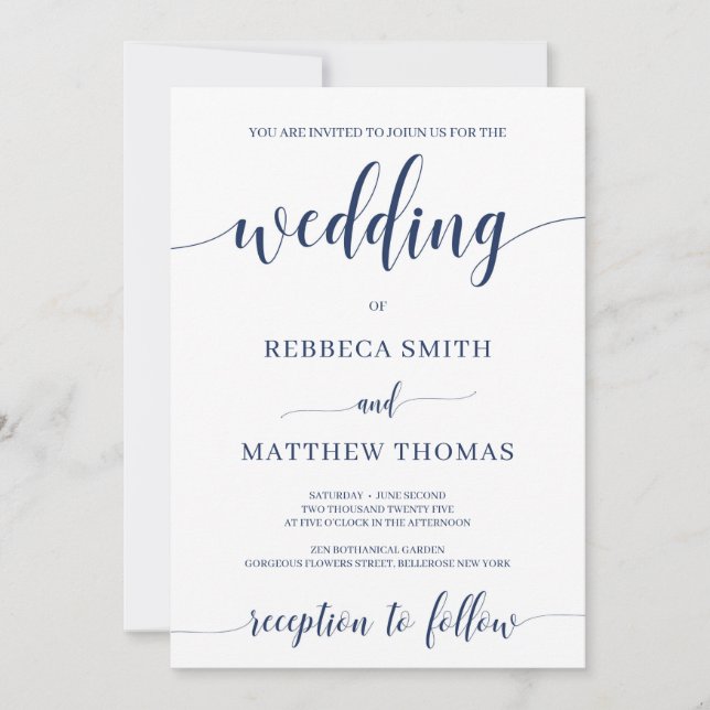 Invitación boda de la marina con letras de caligrafía moderna (Anverso)