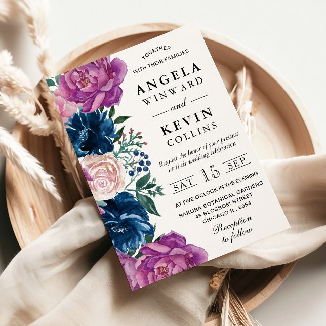 Invitación Boda de la Marina de Acuarela y las Flores Púrpura (Subido por el creador)