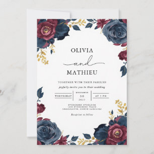 Invitación Boda de la Marina de Borgoña Floral de Moody