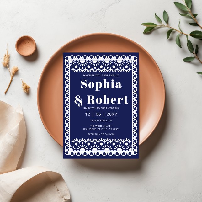 Invitación Boda de la Marina de Fiesta de México Papel Picado (Mexican Fiesta Navy Papel Picado Boho Wedding Invitation)