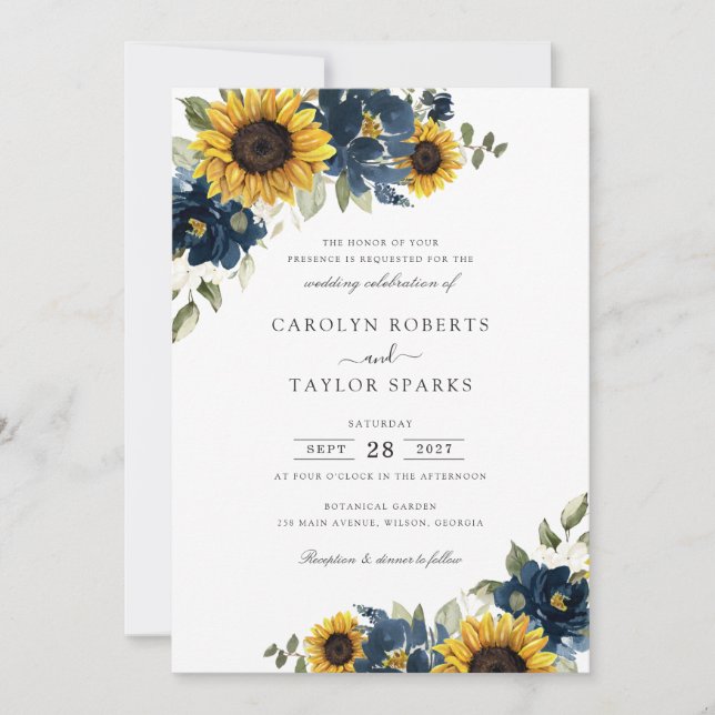 Invitación Boda de la Marina de los girasoles Flores azules (Anverso)