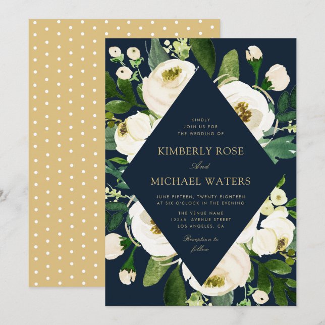 Invitación Boda de la marina de marfil con marco floral (Anverso / Reverso)