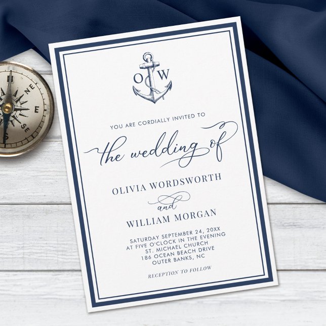 Invitación Boda de la Marina de Monograma de Anclaje Náutico (Subido por el creador)