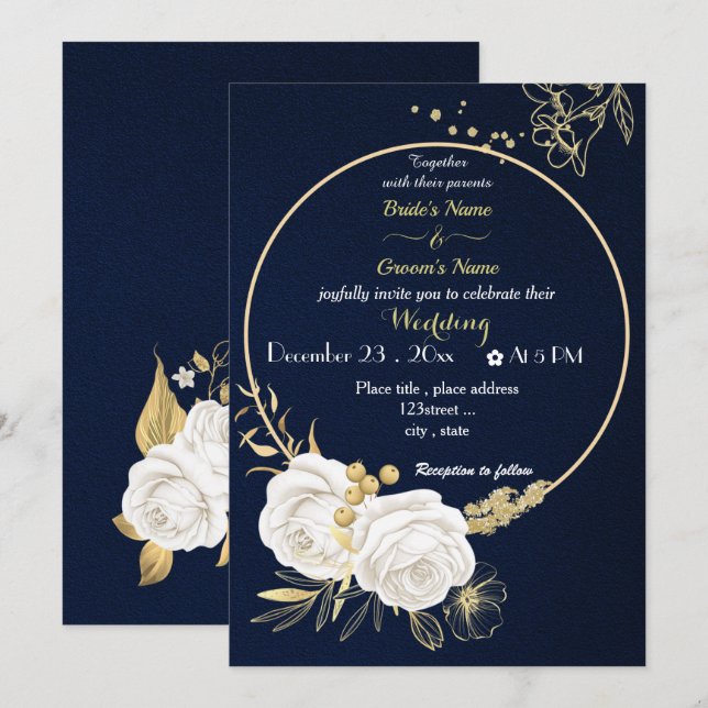 Invitación boda de la marina de oro de flores blancas (Anverso / Reverso)