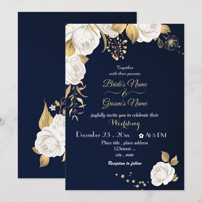 Invitación boda de la marina de oro de flores blancas (Anverso / Reverso)
