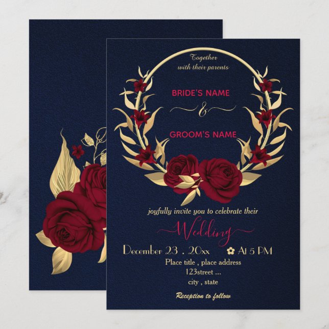 Invitación boda de la marina de oro de flores de burdeos (Anverso / Reverso)
