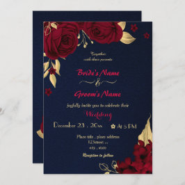 Invitación boda de la marina de oro de las flores de burdeos