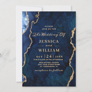 Invitación Boda de la Marina de Oro Moderna, Blue Marble Agat