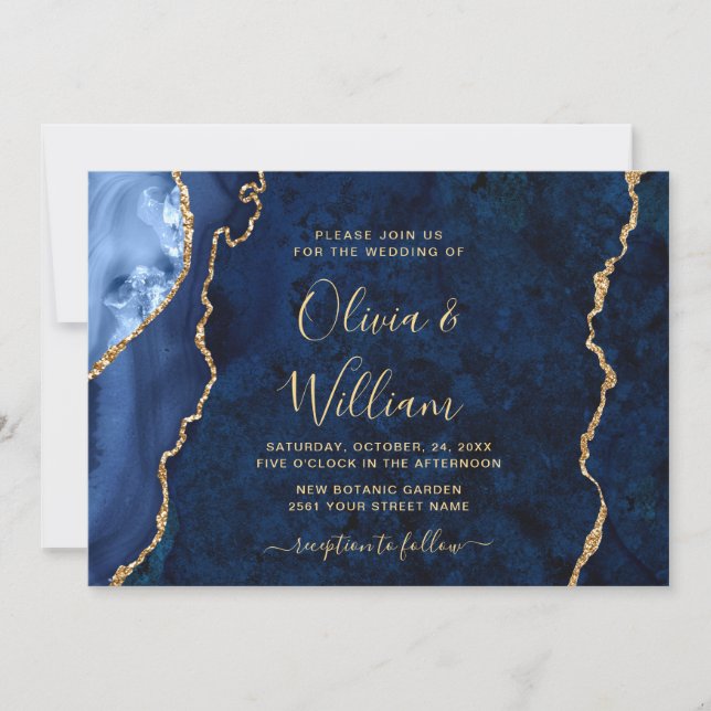 Invitación Boda de la Marina de Oro Moderna, Blue Marble Agat (Anverso)
