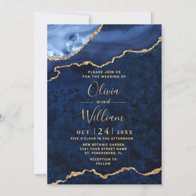 Invitación Boda de la Marina de Oro Moderna, Blue Marble Agat (Anverso)