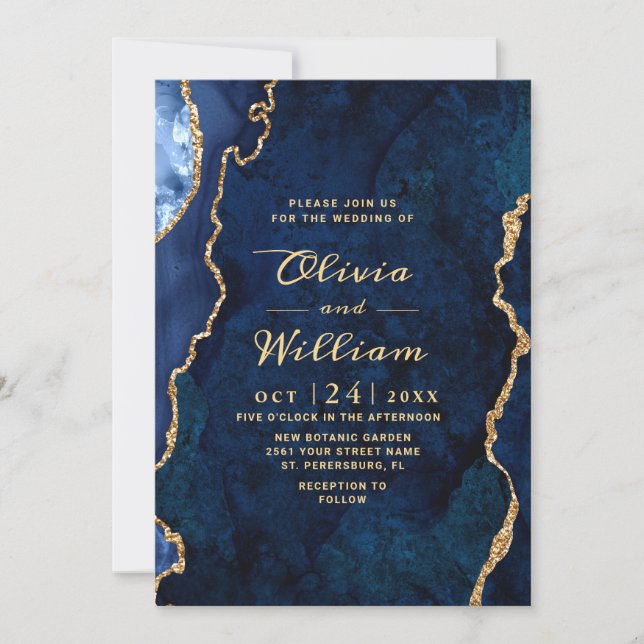 Invitación Boda de la Marina de Oro Moderna, Blue Marble Agat (Anverso)